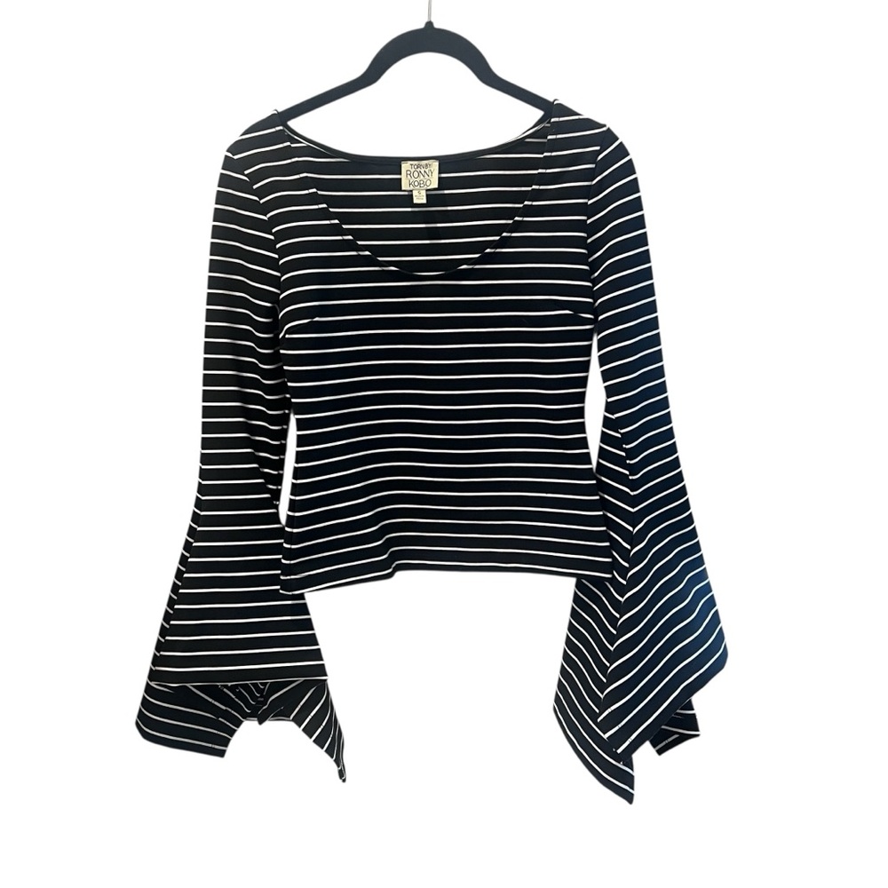 Torn by Ronny Kobo Black and White Striped Bell Sleeve‎ Blouse Size Small